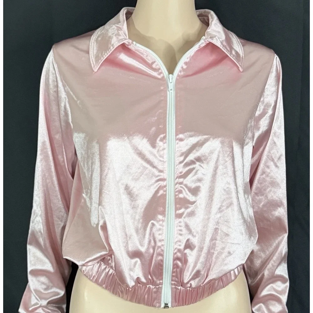 Weissman Girls Pink Satin Collared Zip-Up Bomber Jacket Sz Large 